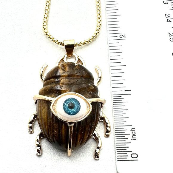 Evil Eye Necklace Tiger's Eye Gemstone Scarab Beetle Pendant Gold Plated - Picture 2 of 4